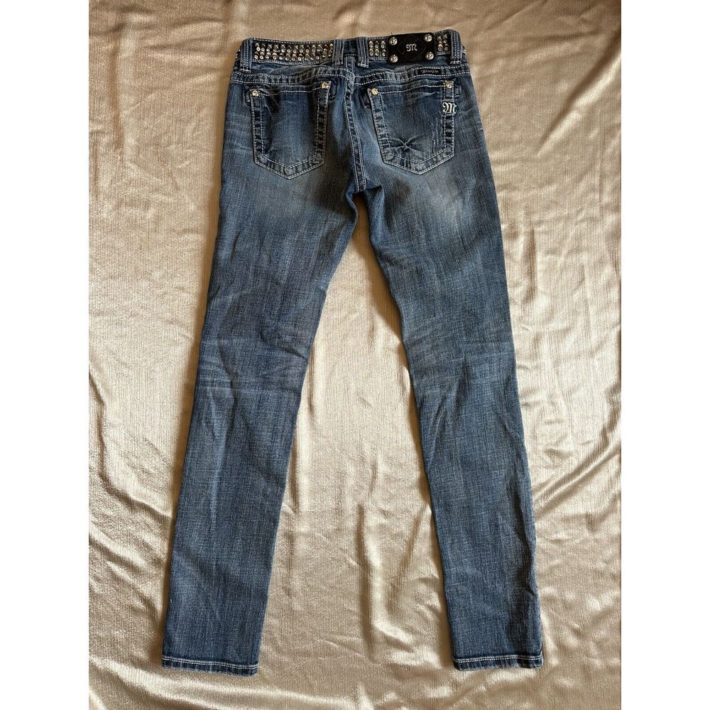 Miss Me Jeans Sz 29 Skinny Studded Rhinestone Belt‎ Low Rise Light Medium Wash - Picture 4 of 10